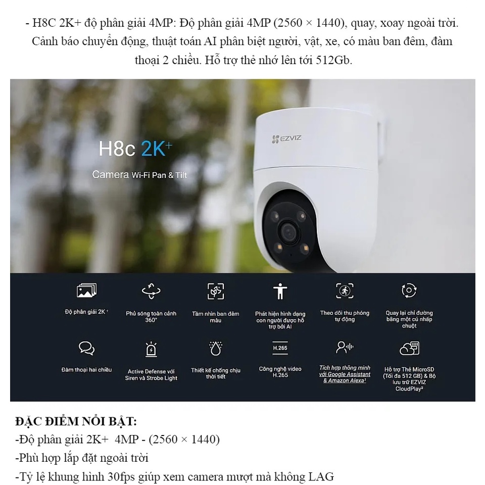 Camera Wifi EZVIZ H8C 4MP 2K, Quay Quét 360 Độ, Đàm Thoại 2 Chiều, Có Màu Ban Đêm- Hàng Chính Hãng