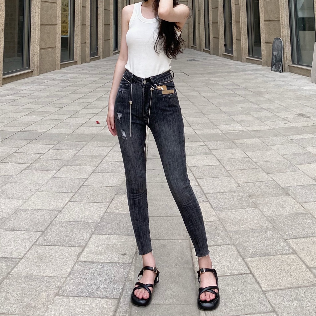 Quần skinny jean nữ lưng cao, Quần bò bó màu khói rách nhẹ SK02 - La'coba