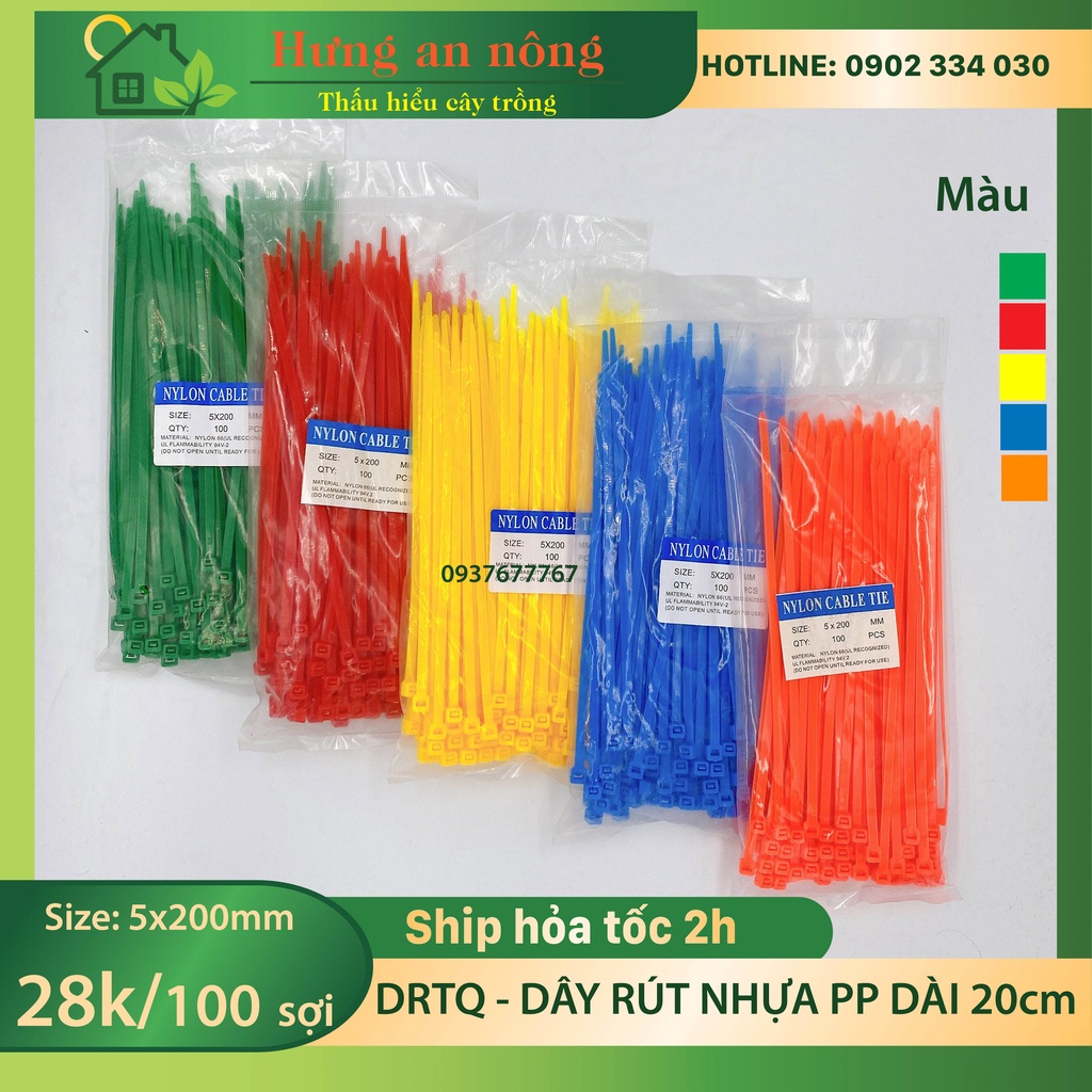 DRTQ size 5x200mm - 1 túi dây rút nhựa PP màu mỗi túi/100 sợi dài 20cm