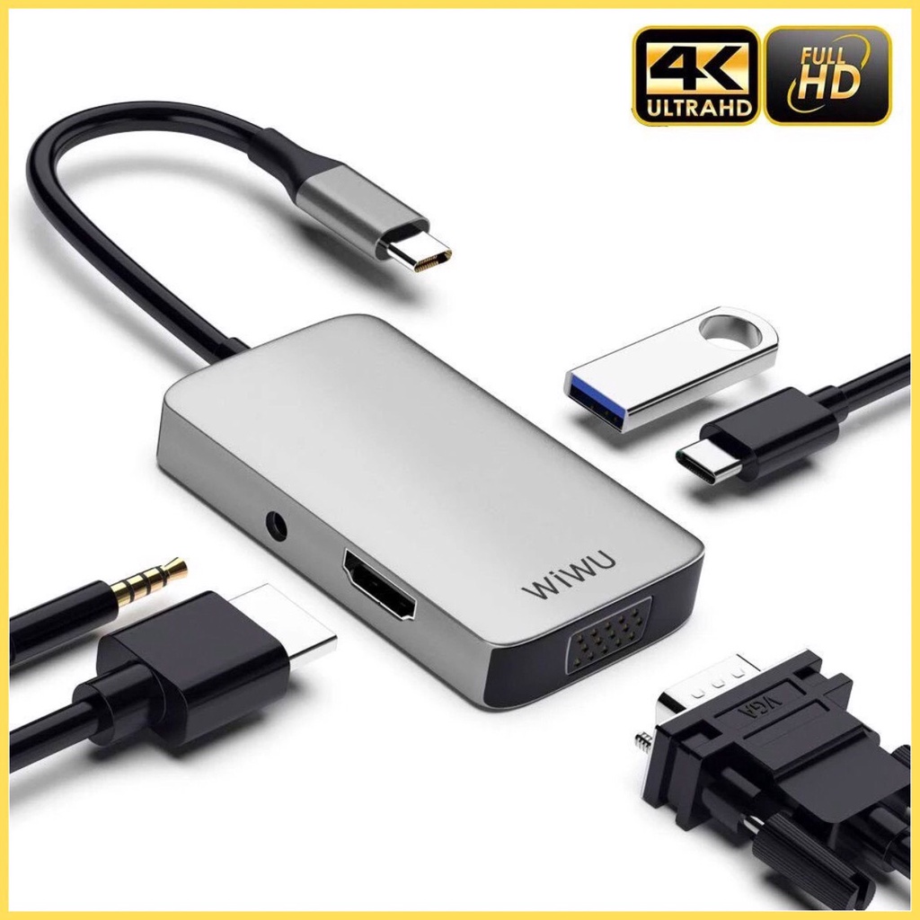 - CỔNG CHUYỂN WIWU 5IN1 ALPHA USB-C Hub A513HVP HDMI 4K VGA USB 3.0 Jack 3.5mm PD 87W