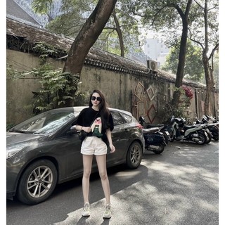 Set quần short kaki trắng áo in