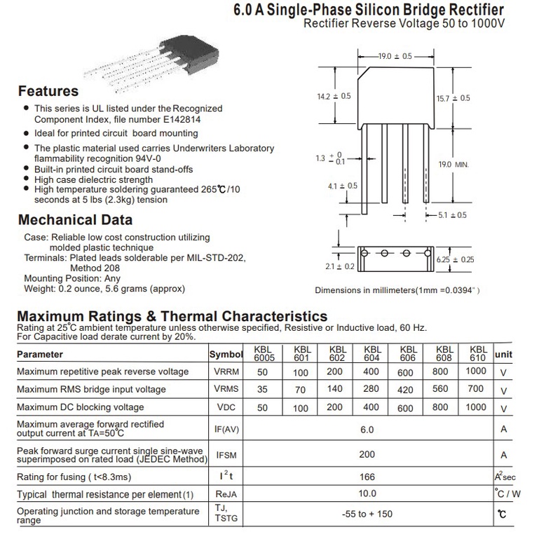 KBL610 Diode cầu 6A 1000V DIP-4