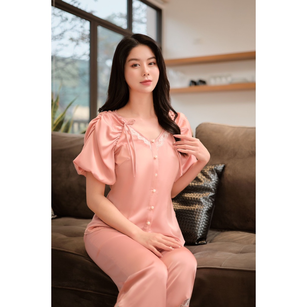 Đồ ngủ mặc nhà pyjama Lụa cao cấp thiết kế LYSILK - BN277 - Áo ngắn tay nữ quần dài quyến rũ