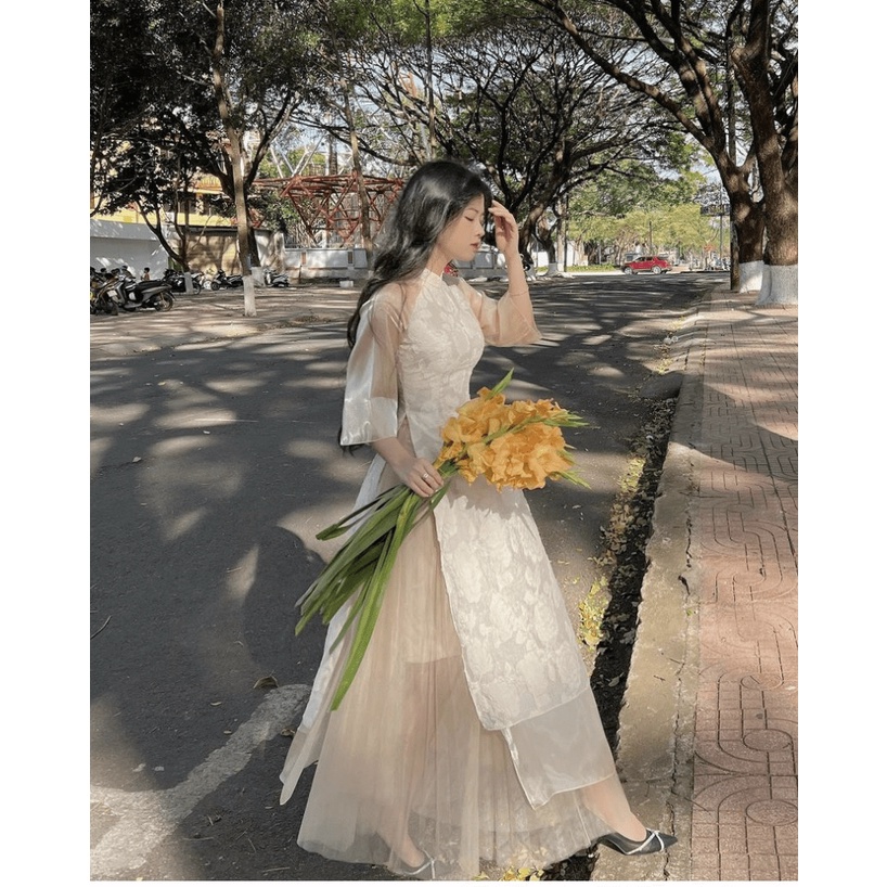 Áo dài cách tân áo dài tết tay lỡ chât tơ voan phối áo dài tết thời trang mùa xuân