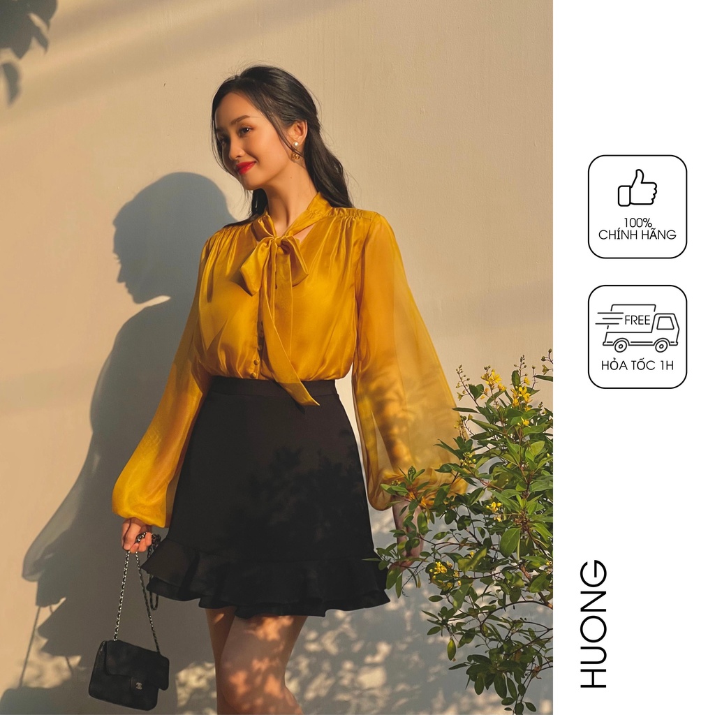 Áo tơ tằm cổ nơ cúc bọc HUONG BOUTIQUE HBSM1046