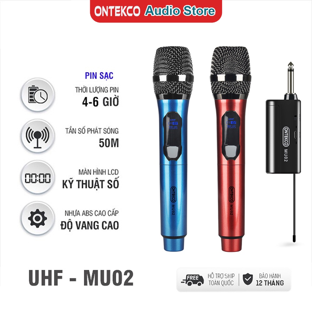 Bộ micro không dây ONTEKCO MU02 pin sạc, Sóng UhF hát karaoke gia đình chuyên nghiệp, Bảo hành 12 tháng, chống hú tuyệt