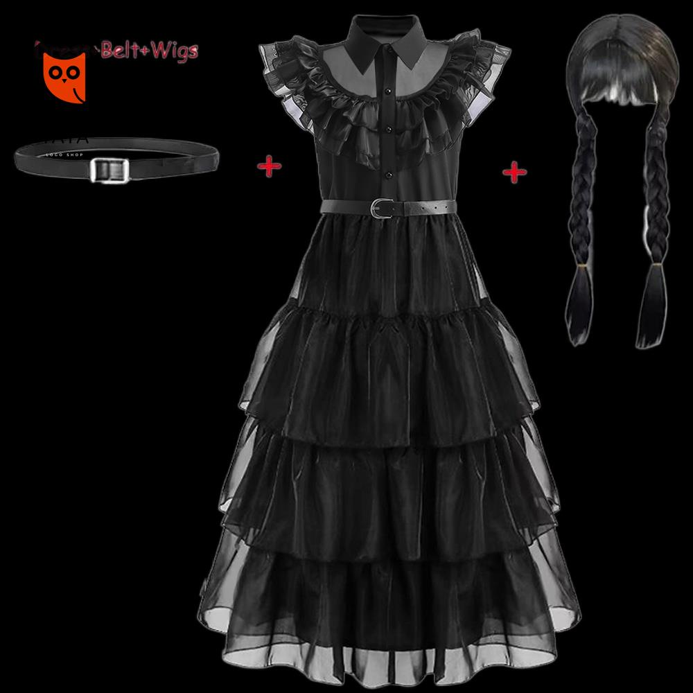 ◕✸◑Còn Hàng Cosplay Đầm Adams Thứ Tư Đen Phối Ren Cho Bé Gái Từ 3 Đến 12 Tuổi 2023
