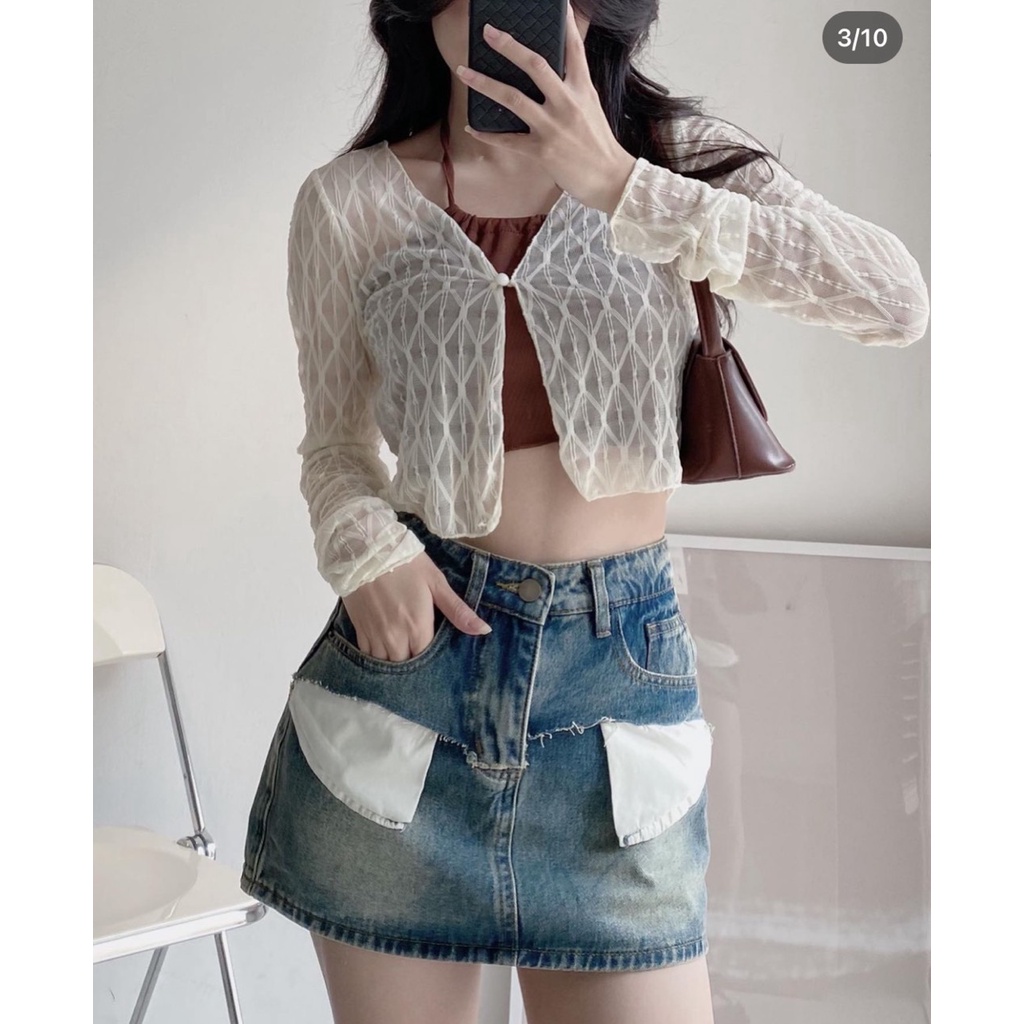 Set áo cardigan tay dài hoạ tiết quả trám siêu lạ mắt mix với áo yếm cực hot Phương anh 18.