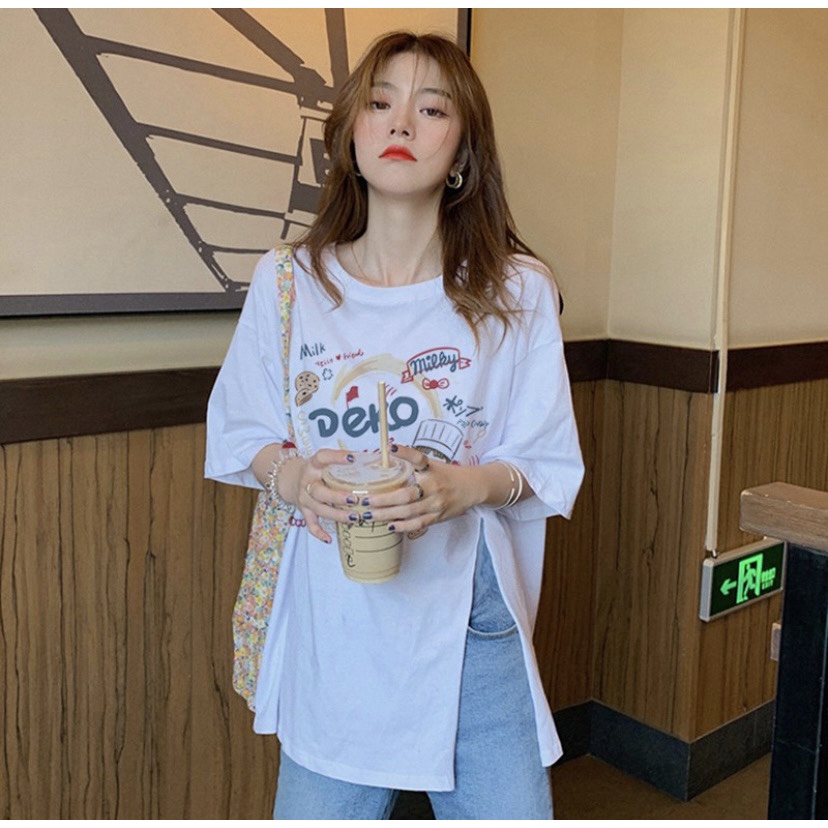 Áo thun nữ Xẻ tà Tay Ngắn in hình siêu xinh GEMGEM STORE , chất thun xược cotton giấu quần phong cách Hàn Quốc