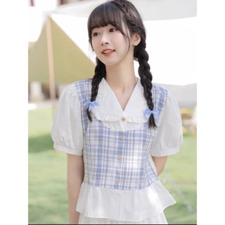 Áo sơ mi kiểu phối kẻ caro tiểu thư phong cách Hàn Quốc