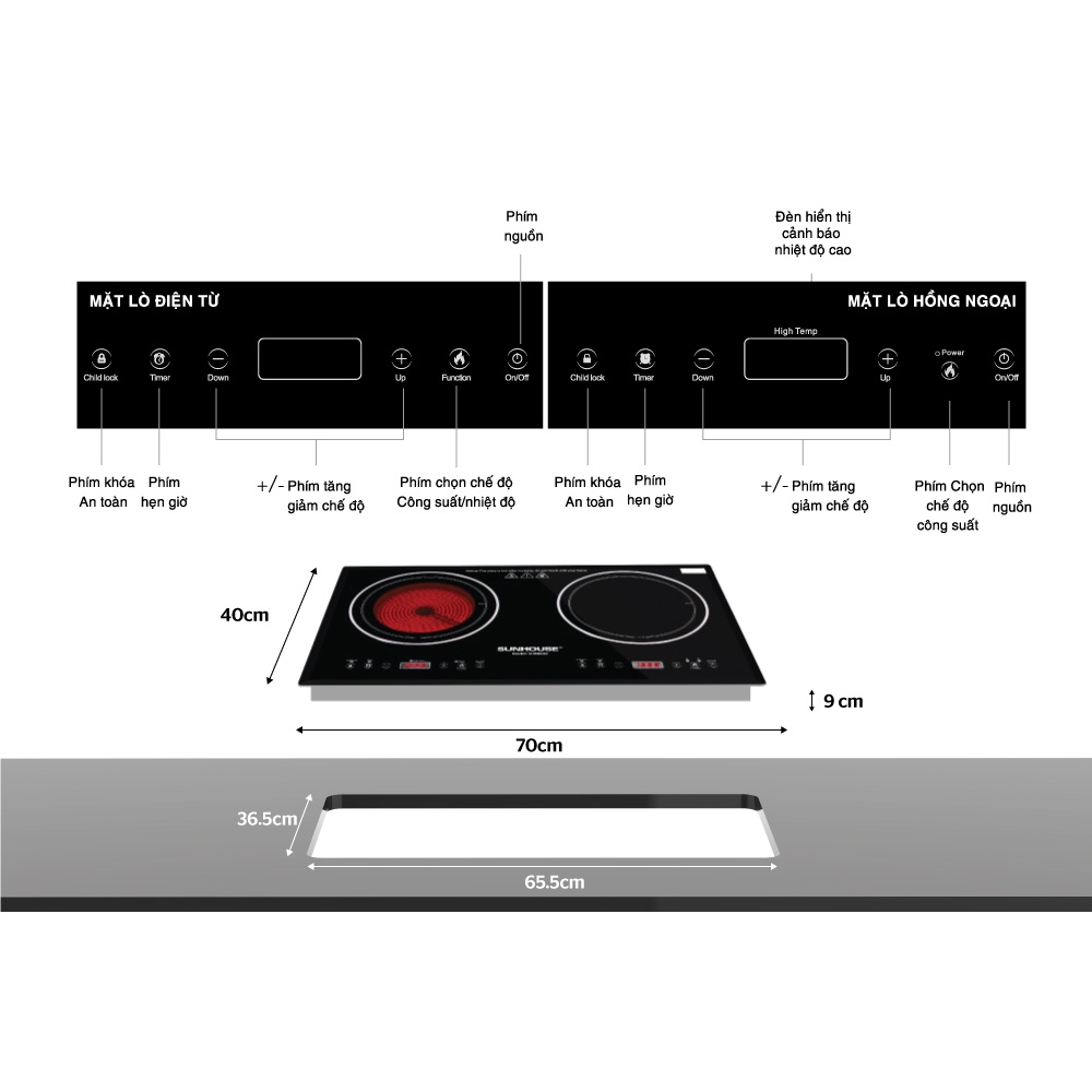 Bếp đôi điện từ hồng ngoại SUNHOUSE SHB8609 | Công suất lớn 3600W | Bảo hành chính hãng 36 tháng |  Kính cường lực