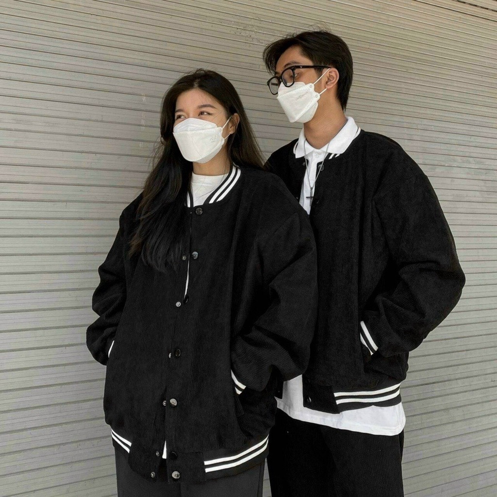 Áo khoác bóng chày nhung tăm unisex basic viền sọc