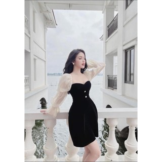 đầm nhung ôm body phối tay voan tơ phồng xinh xắn ( thời trang bigsize vicky.g - anitagreen) n323