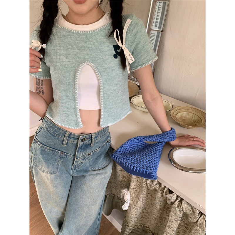 HUANG YOYO Áo Thun Dệt Kim Ngắn Tay Xẻ Tà Phía Trước Thời Trang Mùa Hè Cho Nữ