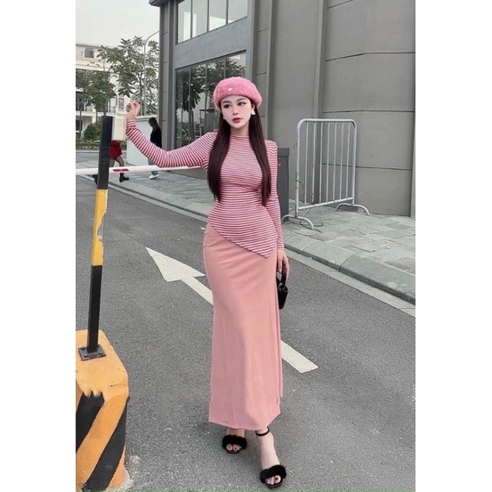 Dầm body áo lệch vai tay dài kèm CV ôm dài siêu dễ thương - Free size dưới 54kg