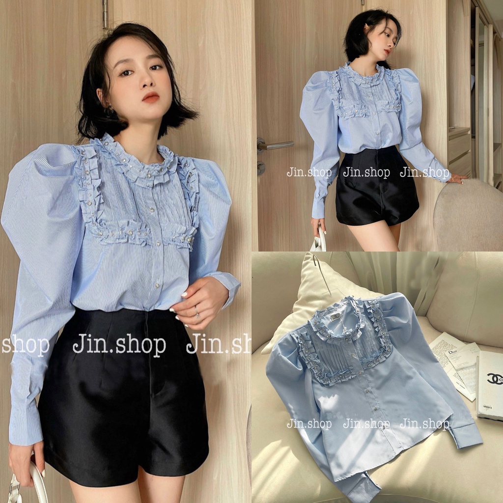 Áo sơ mi thô tay bồng dài tay cổ đức thiết kế bèo cổ cao cấp công sở vintage cá tính phong cách Hàn quốc
