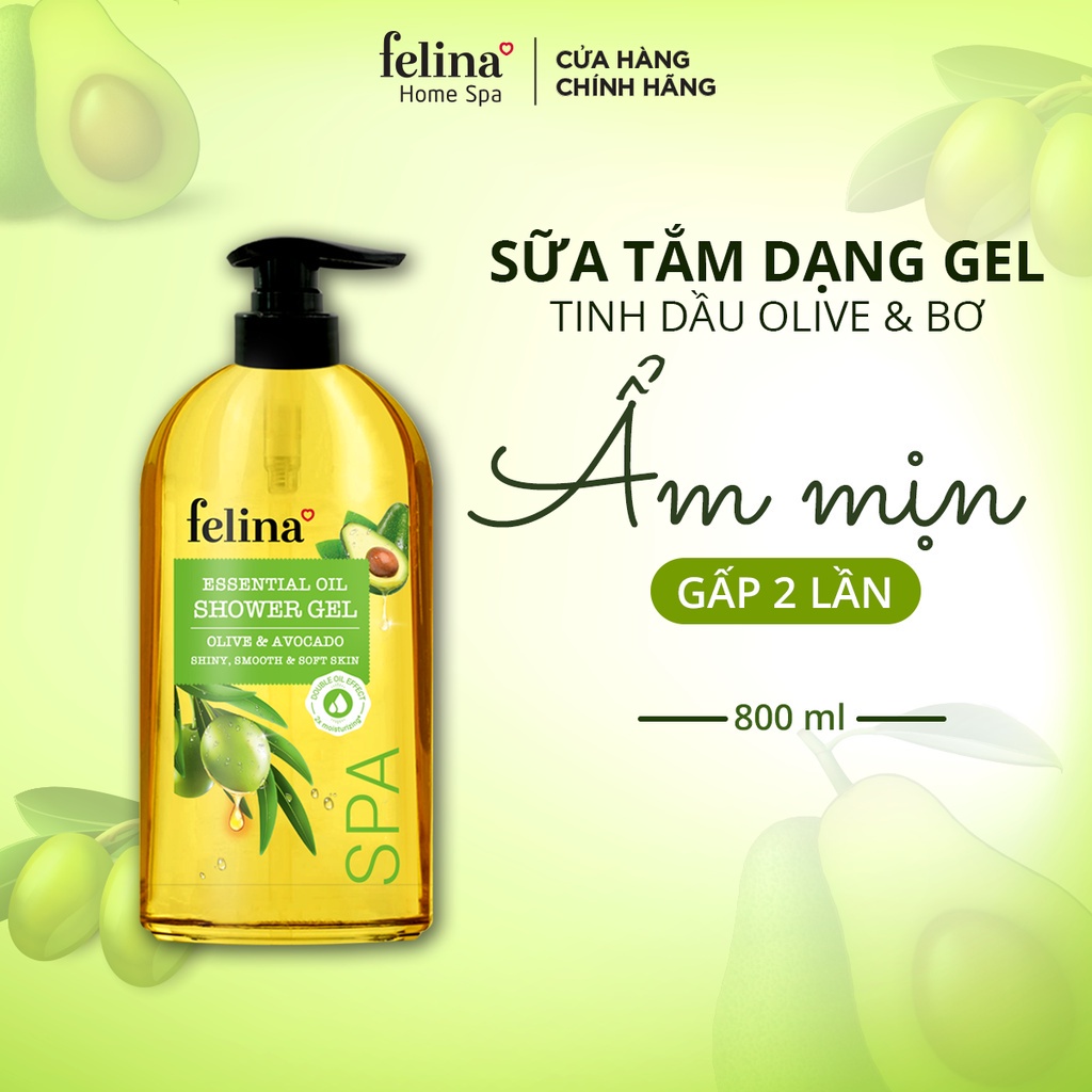 Sữa Tắm Dưỡng Thể Dạng Gel Felina Home Spa 800ml tinh dầu Oliu & Bơ dưỡng ẩm giúp da mềm mịn, căng mướt gấp 2 lần