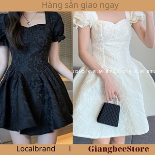 Váy Đầm Babydoll Gấm Đẹp 2 Lớp Tay Bồng Cổ Vuông Màu Trắng Đen Dáng Xoè Bồng Tiểu Thư Hàng Loại 1 - JANGMINA SHOP