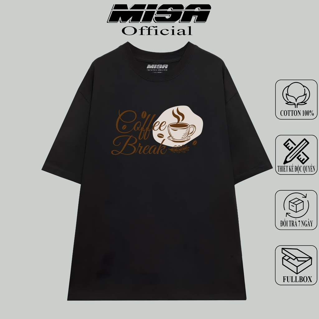 Áo thun nam nữ form rộng tay lỡ MiSa chất vải cotton màu đen BST Cafe dành cho các tín đồ ghiền cafe