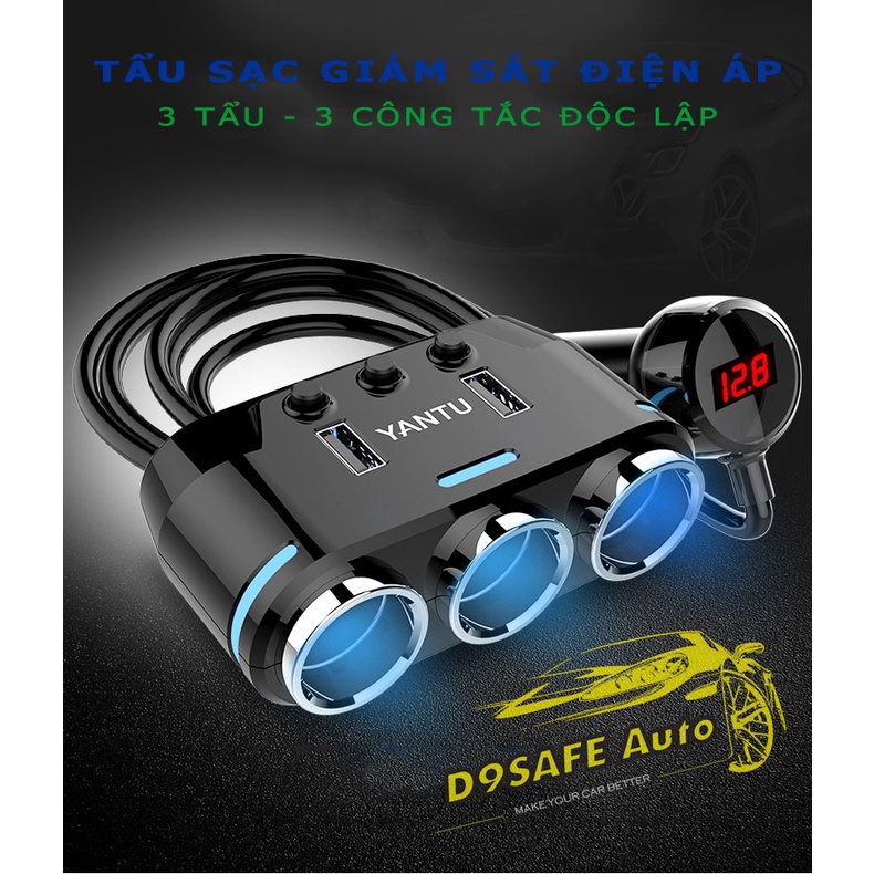 TẨU SẠC XE HƠI CÓ DÂY CAO CẤP – 70CM, 2 USB, CHIA 3 TẨU, CÔNG SUẤT 100W