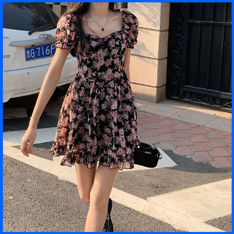 váy babydoll đâm babydoll đâm du tiec Đầm Ngắn Tay Ôm Eo Họa Tiết Hoa Thời Trang Mùa Hè Kiểu Pháp Cổ Điển Mới Cho Nữ