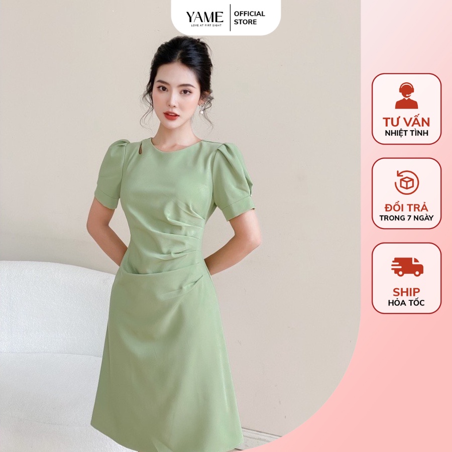Váy cách điệu eo màu xanh YV01 vải trượt hàn cao cấp YAME