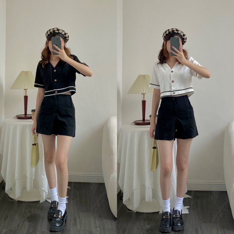 Áo sơ mi nữ croptop nữ cổ v tay ngắn phối viền lượn gấu hàng thiết kế avnt022301 by germe