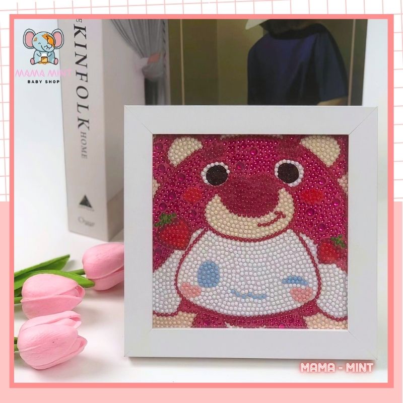 Tranh đính đá mini 5D DIY thỏ trắng đội nón cute, tranh đính đá cho bé tự làm có khung