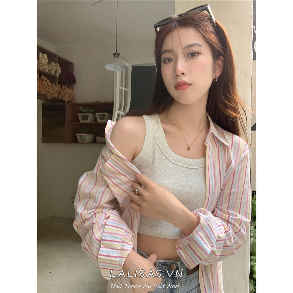 Lalisas Set Áo Hai Dây + Áo Sơ Mi Tay Dài Kẻ Sọc Chống Nắng Phong Cách Hàn Quốc Thời Trang Cho Nữ