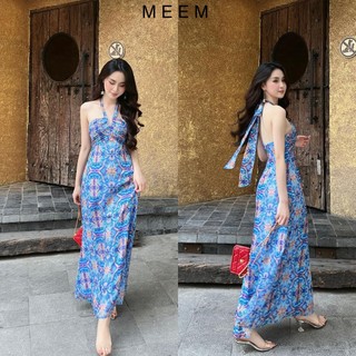 Meem_t99 - đầm maxi voan xếp ly ngực, thắt nơ cổ