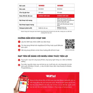 eSIM WINTEL WIN60 - Data tốc độ cao không giới hạn