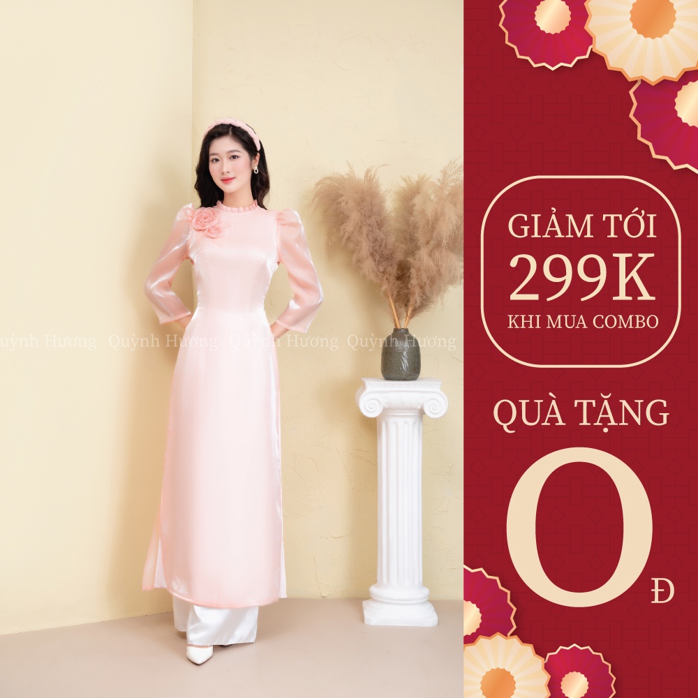 Áo dài voan hồng cổ xếp kết hoa ngực 3D cách điệu by Quỳnh Hương