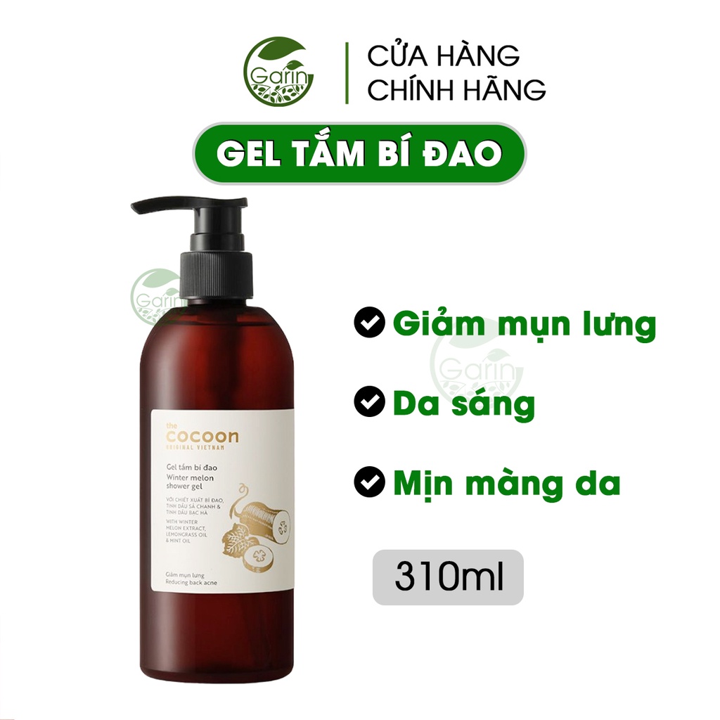 Gel tắm bí đao Cocoon sữa tắm organic Garin giảm mụn lưng, mang lại làn da sạch và mịn màng 300ml