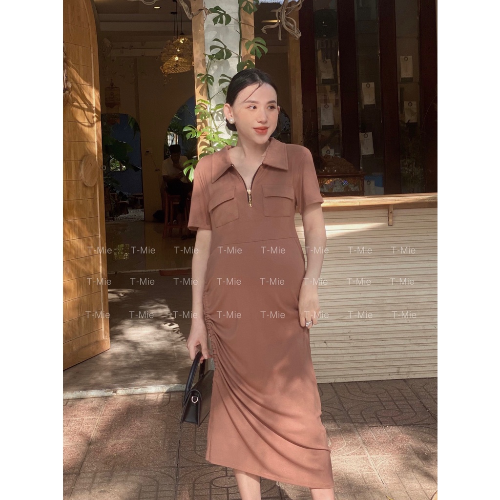 T-Mie |Đầm Bầu Maxi Quảng Châu Cổ Sơmi Ôm Body Dây Rút Sang Chãnh T-Mie,Mã SP: MD4315