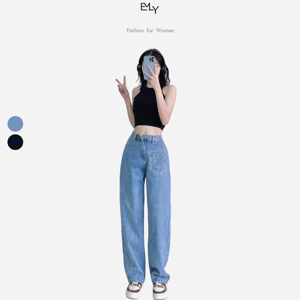  Quần Jeans nữ ống suông dáng rộng cạp cao Emilyshop 