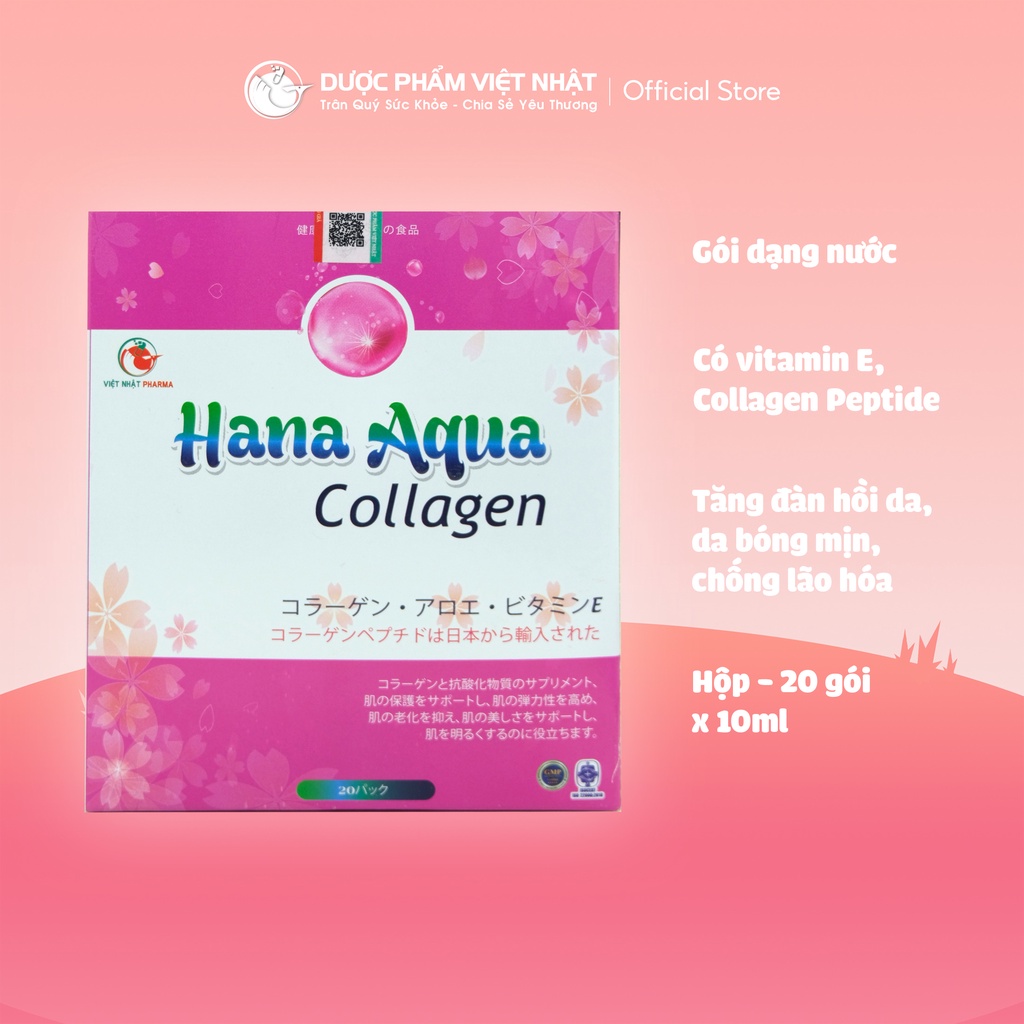 Hana Aqua Collagen Việt Nhật bổ sung collagen giúp giảm lão hóa da, làm đẹp da, giúp da sáng mịn. Hộp - 20 gói x 10ml
