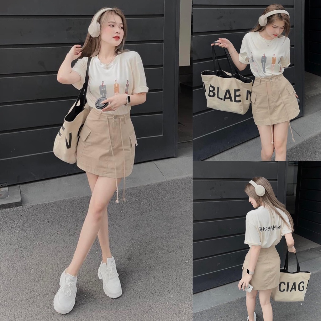 Set bộ đồ nữ áo thun họa tiết xinh xắn chân váy chữ A phối túi năng động dành cho các nàng DX