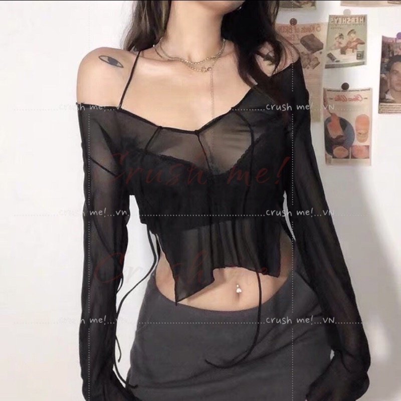 Crush me!QA06 Áo thun lưới ren mỏng xẻ tà buộc dây lưng cổ hack dáng y2k punk acubi vintage xuyên thấu goth gothic fairy