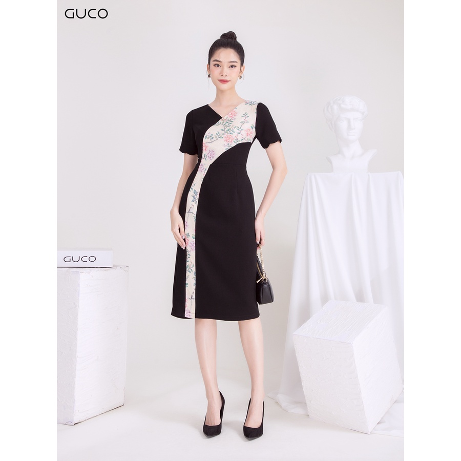 Đầm dáng suông cổ tròn phối hoa 3934 GUCO Đen