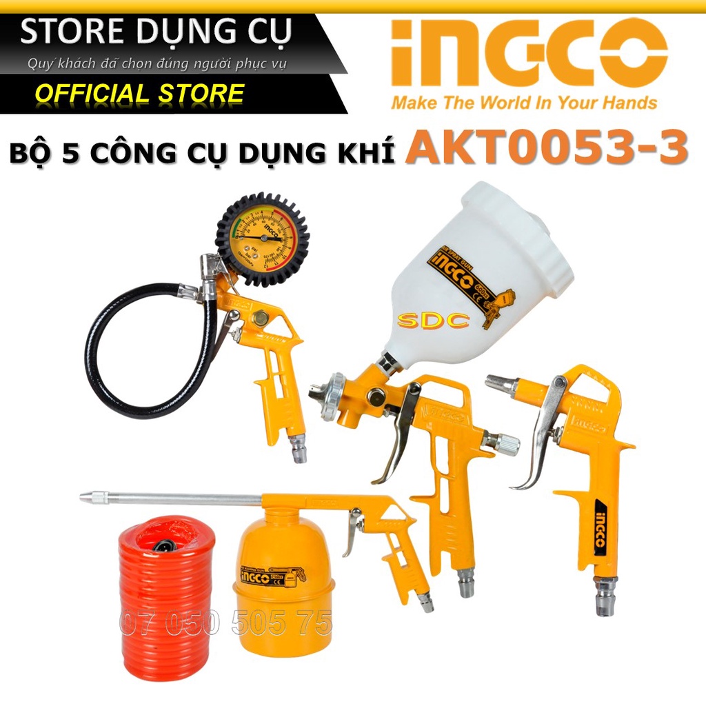 Bộ 5 công cụ dùng khí nén INGCO AKT0053-3 | dụng cụ xịt hơi 5 chi tiết, Đầu nối kiểu Nitto, Dây hơi xoắn kèm đầu nối 4m,