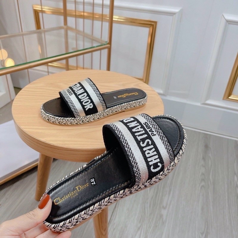 Dép Lê Quai Ngang Di or Đế Kếp Viền Cói Cao 3 cm Quai Thêu Bản To Siêu Mềm