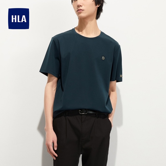 HLA - Áo thun nam ngắn tay logo B vải mềm mịn co giãn Soft breathable basic B pattern dark green T-shirt