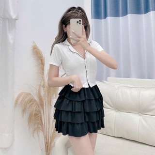 Áo Croptop Nút Viền Màu Cổ Bẻ