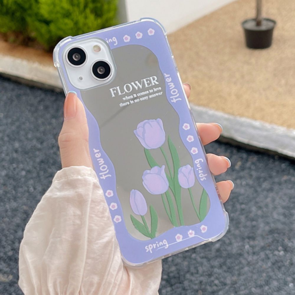 Ốp Điện Thoại TPU Dẻo Gắn Gương Hình Hoa Tulip Tím Thời Trang Cho IPhone 14 13 12 11 Pro Max XS XR 8 7 Plus
