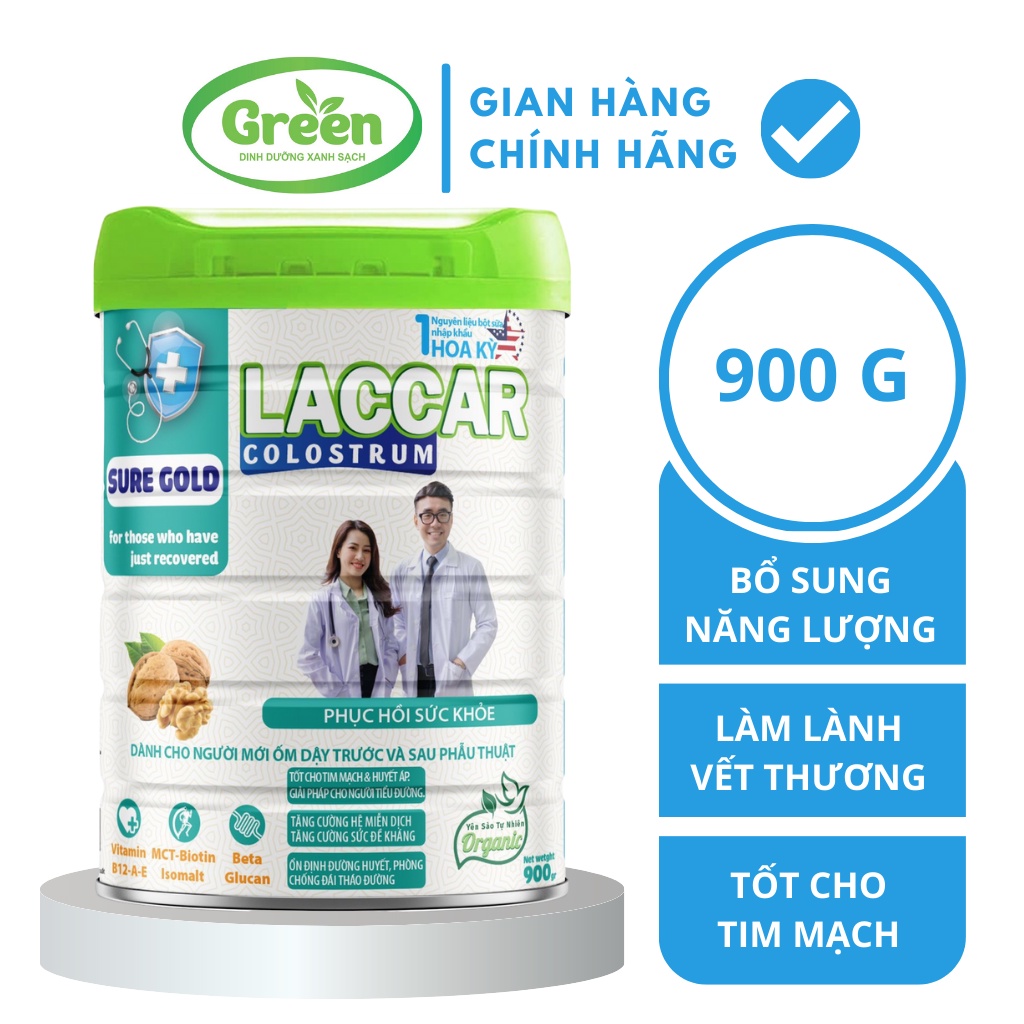 Sữa phục hồi sức khỏe Green Milk Laccar Colostrum Sure Gold 900g Date 2025 cho người mới ốm dậy từ 3 tuổi trở lên