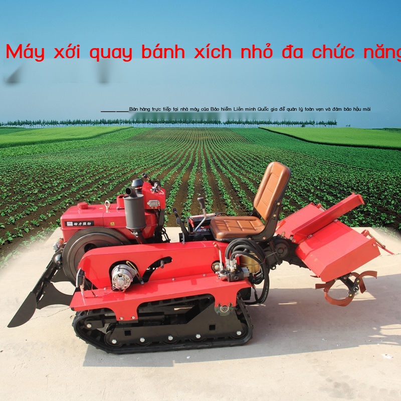Máy xới quay bánh xích nhỏ đa chức năng bỏ rải phân bón vườn cây ăn trái đi xe kéo đất