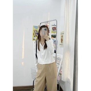Áo Cardigan nữ form ngắn cổ V tay dài cài nút vải thun gân màu trắng, đen basic Monse Top - Sibling House