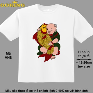 Em bé ôm cá, mã VN8. Áo thun tranh Đông Hồ Việt Nam. Áo phông thoát nhiệt Goking cho nam nữ, trẻ em, bé trai gái