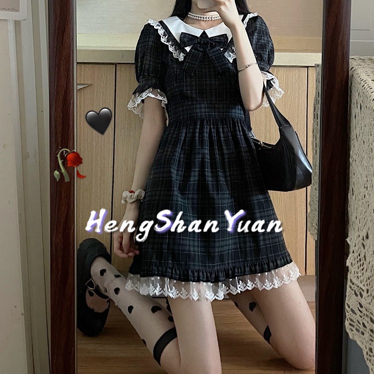 Đầm HENG SHAN YUAN tay phồng họa tiết sọc caro phong cách Nhật Bản cổ điển