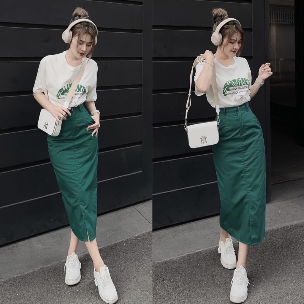 Set đầm váy nữ áo phông chữ mix chân váy suông dài lên dáng siêu xinh dành cho các nàng đi chơi với tone màu hot trend.